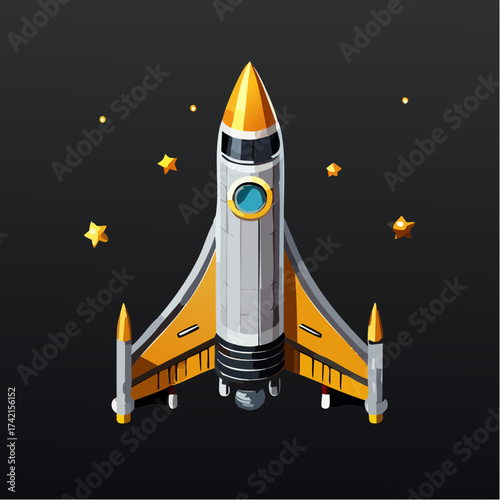 Futuristic golden rocket ship soaring through starry cosmic expanse, advanced spacecraft design for interstellar exploration and space travel
