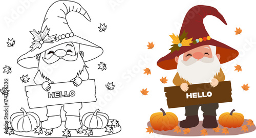 Coloring page of a cute autumn gnome surrounded 