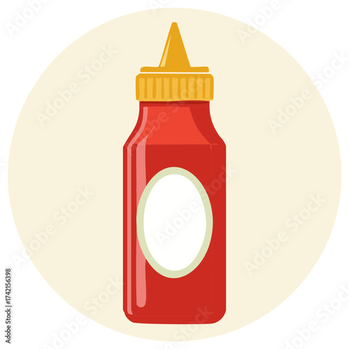 Ketchup bottle illustration with blank label on beige background, condiment for burgers, sandwiches, and fries