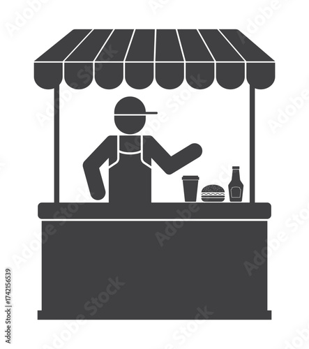 seller in stall shopping kiosk with fast food icon