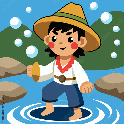 A child plays in a river, a joyful and innocent scene illustration