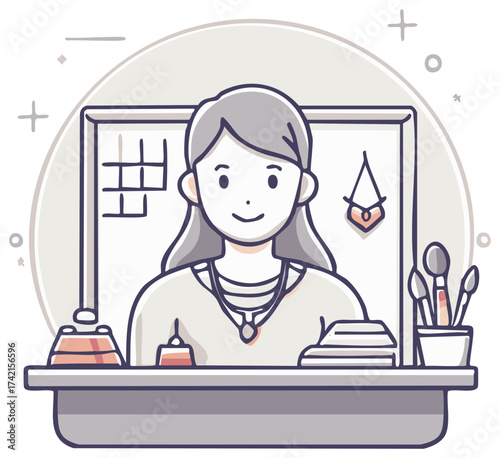 Smiling female artisan making handcrafted jewelry at her creative workshop desk