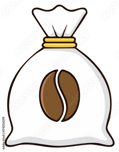 Simple cartoon coffee bag illustration with a large bean logo icon