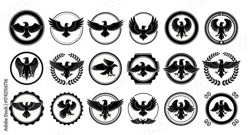 Collection of Black and White Eagle Logos and Emblems with Wings Spread in Various Circular and Badge Designs, Ideal for Branding, Heraldry, and Mascots, Flat Vector Elements, Vector Illustration,