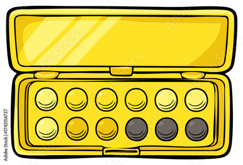 Open yellow cosmetic palette with a range of color shades in a cartoon vector style