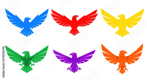 Colorful Geometric Eagle Logos Flying Vector Set on White Background - Stylized of Prey Icons for Branding and Design, Flat Vector Elements, Vector Illustration, Simple Vector, Stylized Vector