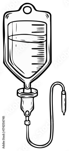 Line Art Illustration of Medical IV Drip Bag and Tubing