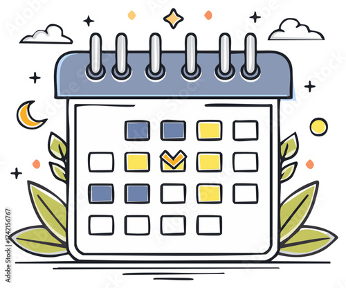 Hand drawn calendar icon with a marked date for scheduling events, planning appointments, and time management