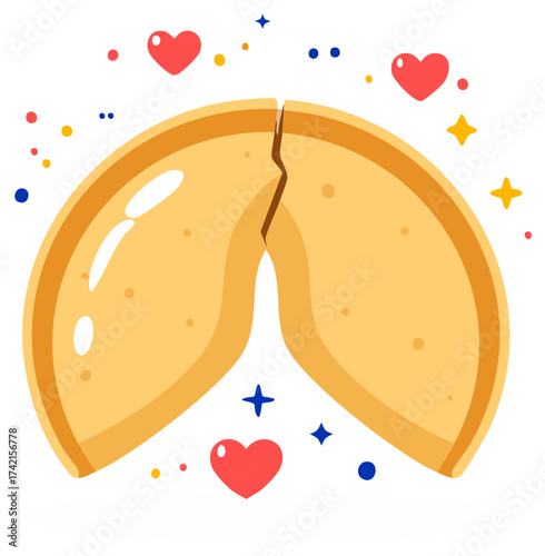 Cracked fortune cookie with hearts and stars floating around; symbol of affection, love, Valentine's day card with prediction