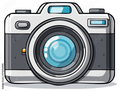 Modern Point-and-Shoot Camera Cartoon Illustration with Light Blue Lens and Black Accents