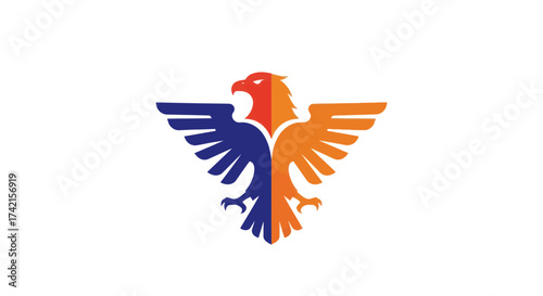 Stylized Blue and Red Eagle Graphic with Spread Wings and Head, a Powerful Avian Emblem on a Clean White Background, Flat Vector Elements, Vector Illustration, Simple Vector, Stylized Vector Drawing,