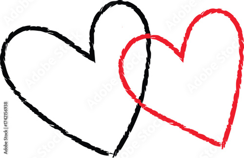 Hand-Drawn Sketch Style Heart Vector ? Rough Red and Black Overlapping Hearts for Love, Romance, and Artistic Design Concepts