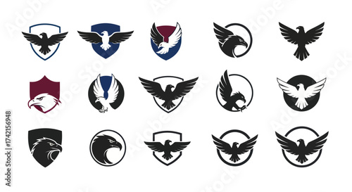 Collection of Modern Eagle Logo Designs and Emblems: Stylized Vector Graphics for Sports, Security, and Brand Identity, featuring Flying Eagles and Eagle Head Icons on White Background, Flat Vector