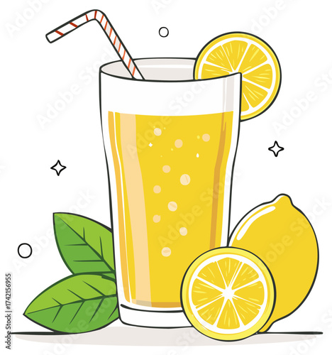 Illustration of refreshing lemon juice drink with lemons, leaves, and straw.