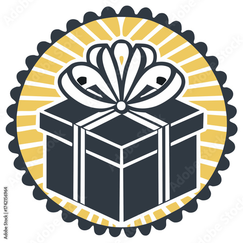 Graphic icon of a wrapped present with a ribbon bow inside a scalloped circle emblem with a yellow sunburst.