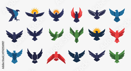 Collection of Modern Geometric and Eagle Logos with Varied Designs, Colors, and Flight Poses on a Light Background, Flat Vector Elements, Vector Illustration, Simple Vector, Stylized Vector Drawing,