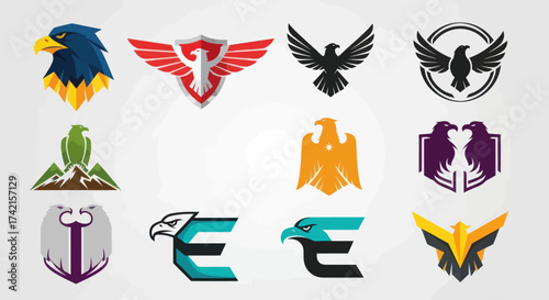 Collection of diverse eagle and of prey logo designs, featuring modern, geometric, and illustrative styles for branding, sports, and powerful identity concepts on a white background., Flat Vector
