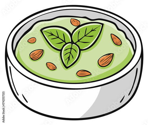 Delicious avocado dip with almonds and basil topping served in white bowl illustration