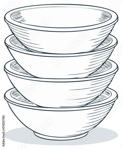 Stack of four bowls in line art style, graphic vector illustration