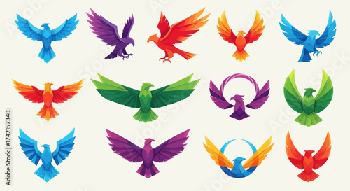 Vibrant Collection of Geometric Logos and Icons, Featuring Stylized Eagles and Phoenixes with Wings Spread on a Light Background, Flat Vector Elements, Vector Illustration, Simple Vector, Stylized