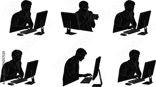 Black and white silhouette of person using computer and camera, creative digital media and photography concept