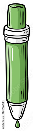 Green Ink Bottle with Dropper Stylized Illustration Liquid Drop