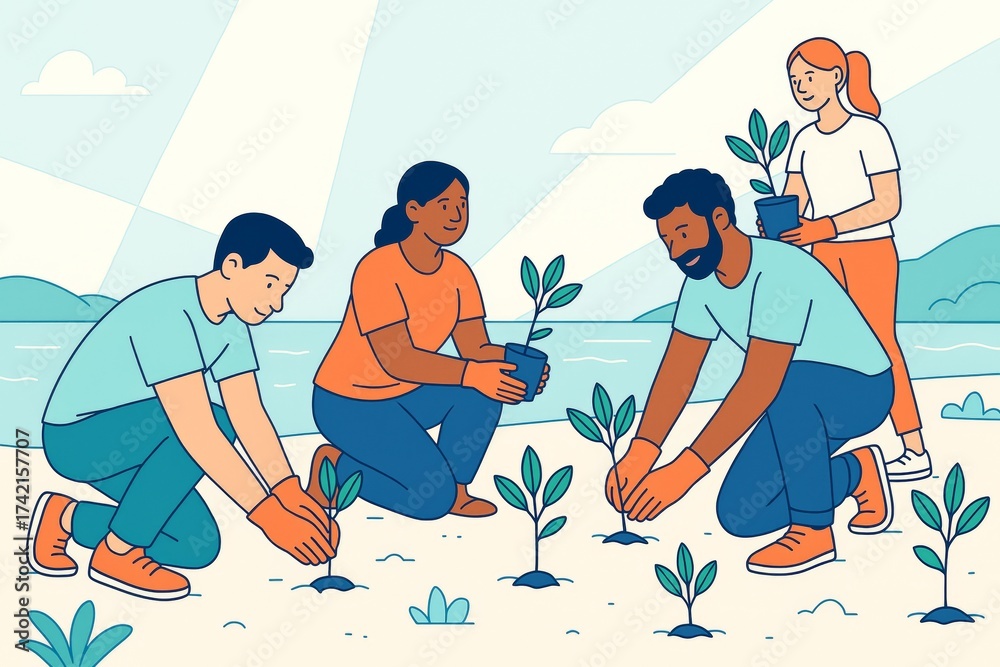 Obraz premium Group of diverse people planting young saplings on beach in bright daylight with abstract background and soft color tones. Ai generative. Ai generative