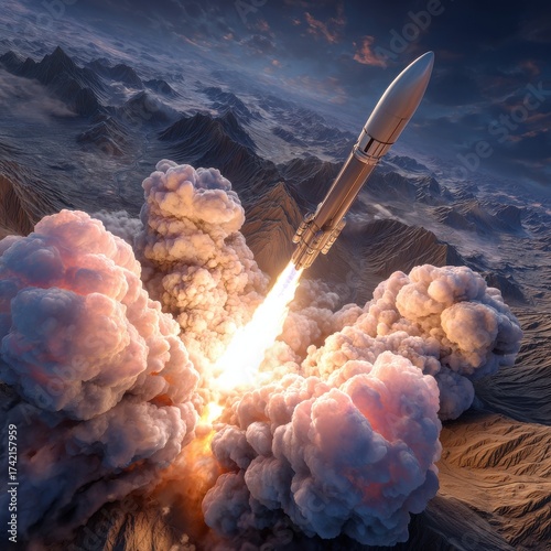 A powerful rocket ascends into the sky, propelled by flames and smoke, as it breaks through clouds above a rugged mountain landscape, creating a stunning view at twilight.