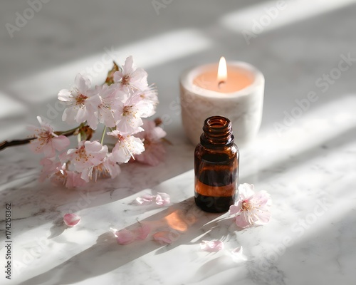 spring mindful retreat 2026 zen composition of candle, essential oil bottle, creative concept - Tranquil Spa Setting with Cherry Blossoms, Candle, and Essential Oil Bottle - modern art