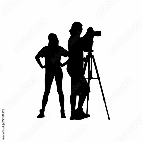 Silhouette of a photographer setting up a tripod for a photo isolated on white background