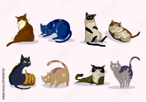 Set of cute cartoon cats pets domestic animal vector illustration. Cats in various poses isolated on white background.