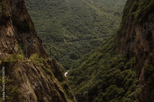 Фотография A deep mountain gorge with steep rock walls