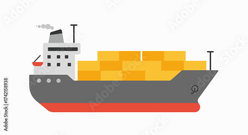 Modern Cargo Ship with Yellow Containers - Flat Design Vector for Global Shipping and Logistics