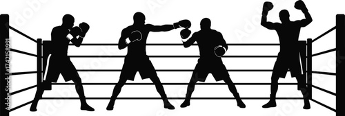 Boxing silhouettes, fighters in ring, combat sport performance, martial arts training, athlete poses, competitive match, strength and power