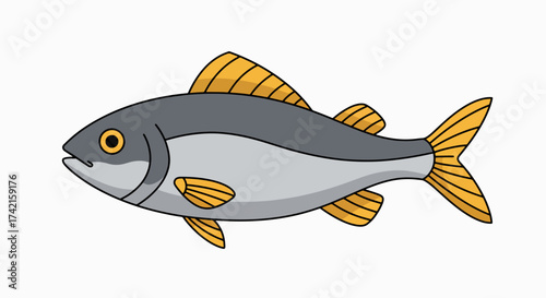 Charming Gray and Gold Fin Fish Illustration, Isolated Vector Graphic