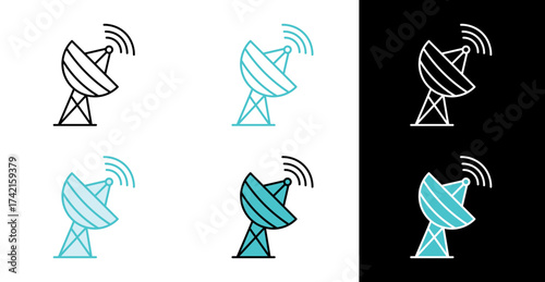 Satellite dish antenna icon for communication and broadcasting signal in line and fill style