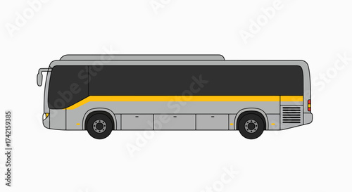 Modern Gray Coach Bus Vector Illustration with Yellow Stripe – Side View Transport Icon