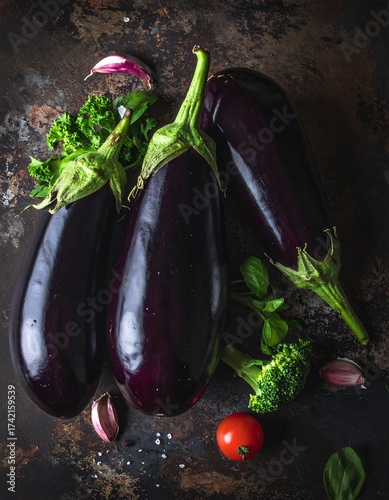 Three eggplants, broccoli, garlic and tomato