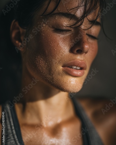 Close-up of sweaty female athlete taking a break after intense indoor workout, exhausted but satisfied expression, moody cinematic lighting, vertical composition