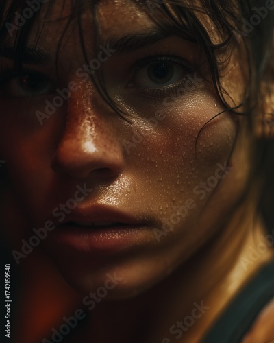 Close-up of sweaty female athlete taking a break after intense indoor workout, exhausted but satisfied expression, moody cinematic lighting, vertical composition