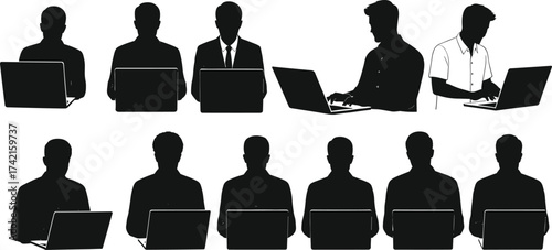 Business and casual people silhouettes working on laptops, remote work, office, freelance, technology, vector illustration collection