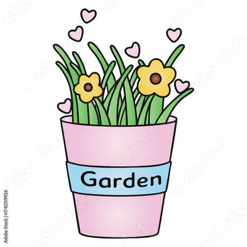 Cute Potted Garden Grass and Flowers with Heart Accents Vector
