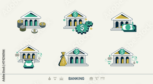 Banking vector detailed icons set, bank building and cash money, deposit and credit, online banking, personal account.