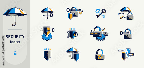 Safety and security vector detailed icons set, account privacy and antivirus, protected personal data cybersecurity.