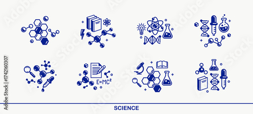 Science vector detailed icons set, school and university education bundle, scientific study and research, physics and chemistry.
