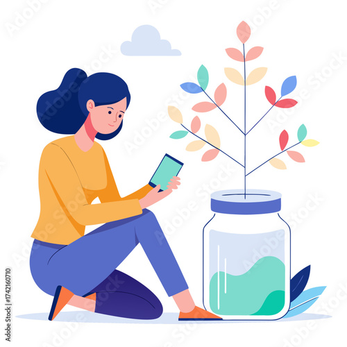 Young woman using a smartphone tending to a colorful plant growing in a glass jar