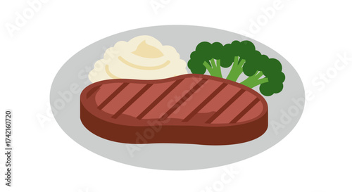 Cartoon Steak Dinner with Mashed Potatoes and Broccoli on Plate.