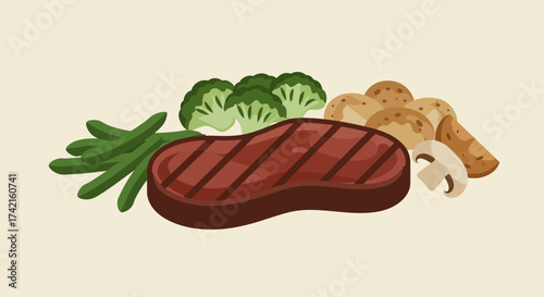 Grilled Steak with Vegetables: Broccoli Green Beans and Mushrooms.