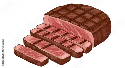 Sliced Grilled Steak with Distinct Grill Marks Cartoon Style Illustration.