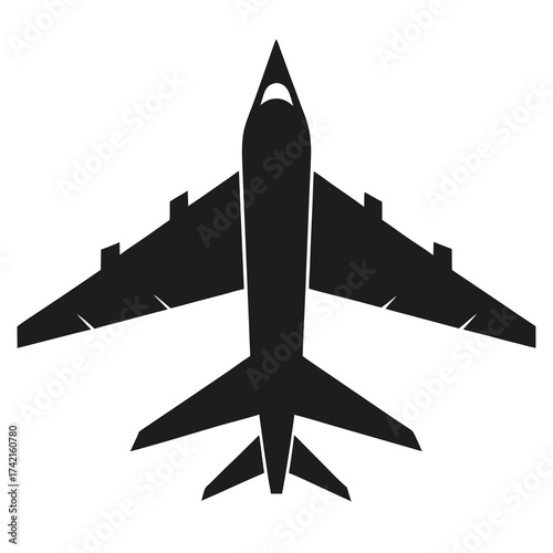 Silhouette of a modern fighter jet airplane from above isolated on white background